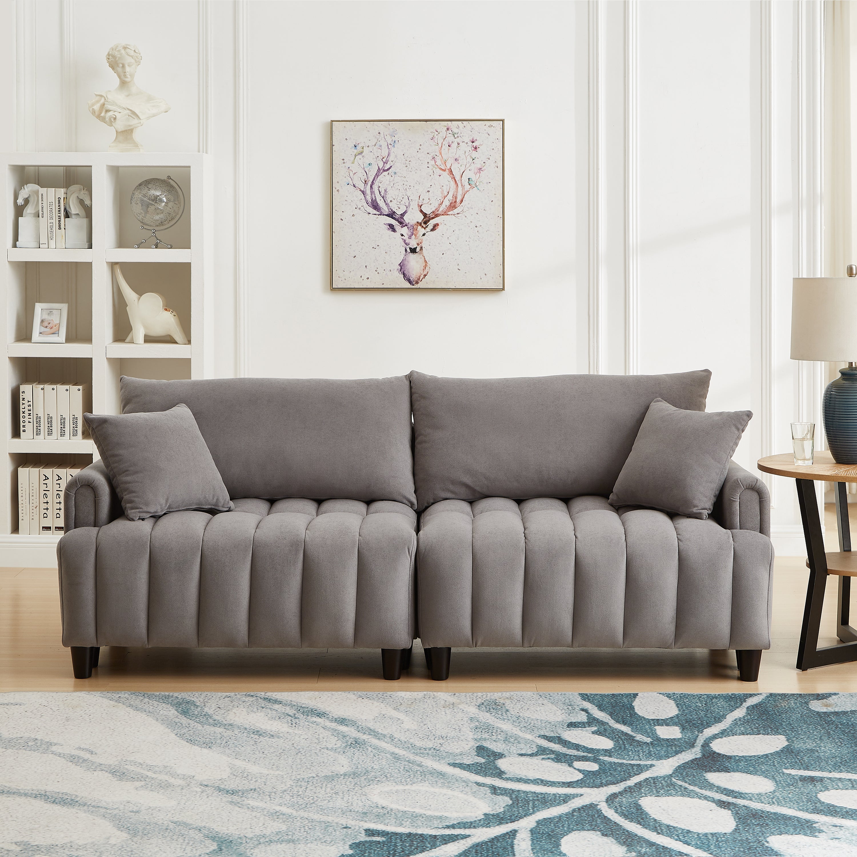 83'' Futon Sofa Bed, Polyester Fabric Comfy Futon Couch Bed with 2 Square Pillows, Convertible Sleeper Sofa with Adjustable Backrest,  Modern Loveseat Sleeper for Living Room, Gray