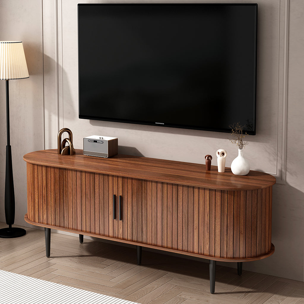 TV Stand, 55' Modern TV Console Table with Storage Compartment and Sliding Door, Gaming Entertainment Center with Cabinet for Living Room, Bedroom, Office (Walnut) BACK-TO-SCHOOL