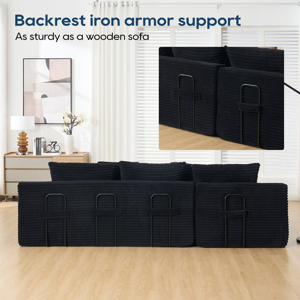 Modern L-Shaped Sectional Couch with Memory Foam and Steel Frame in Black Corduroy for Living Room