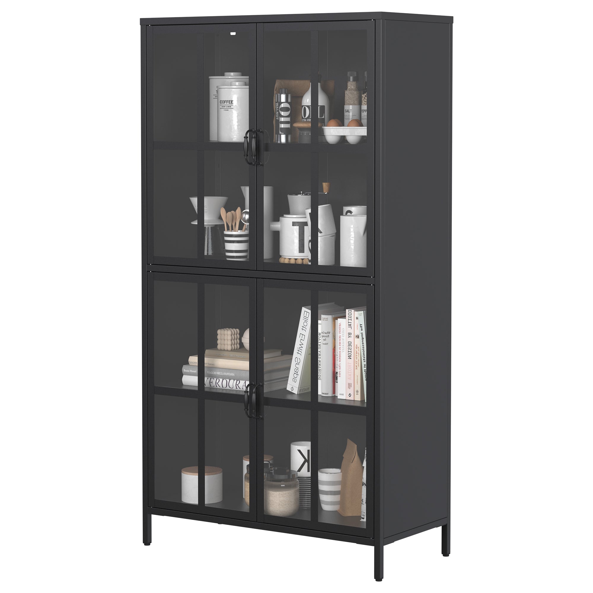 Premium Black Metal Storage Cabinet with Tempered Glass Doors, Adjustable Shelves, and Anti-Tipping Device
