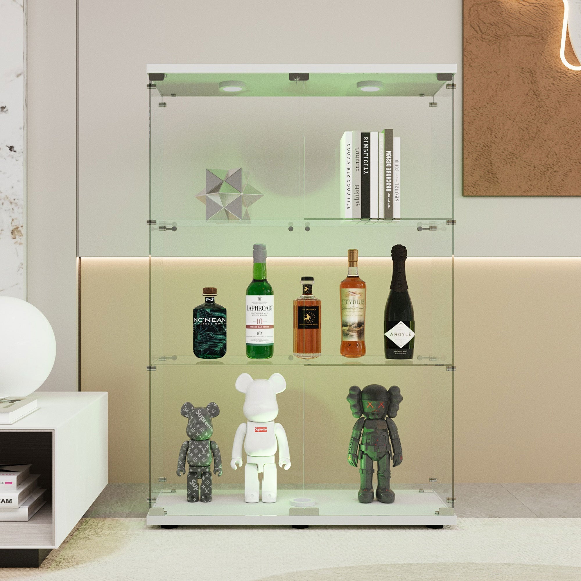 Tempered Glass Display Cabinet,Wine Cabinet,storage Cabinet,File Cabinet,with Battery-powered paipai light,Adjustable Floor Feet,Suitable for uneven ground,Can be placed anywhere,color:white