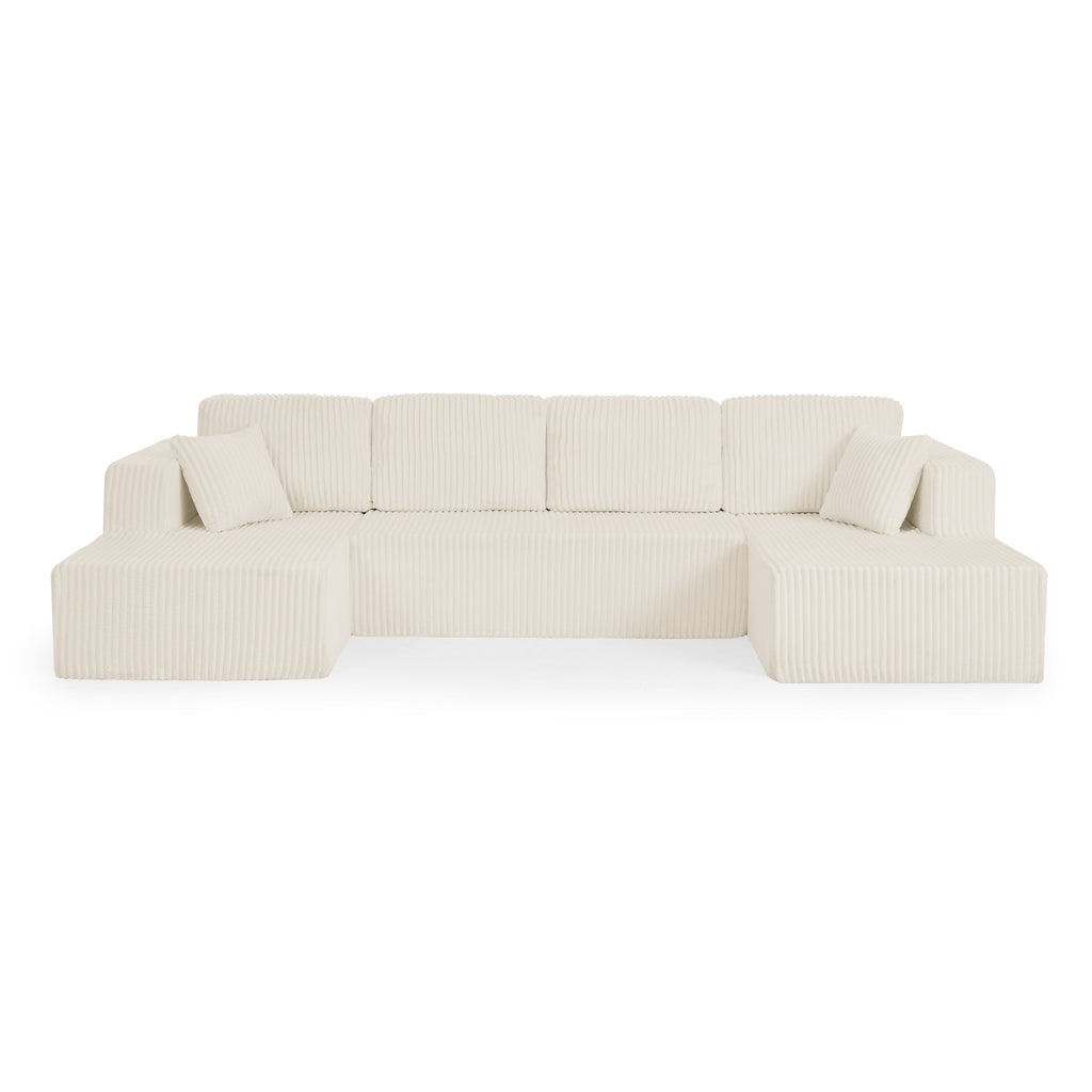 Modern Minimalist U-Shape Modular Sectional Sofa Sleeper in Beige Corduroy