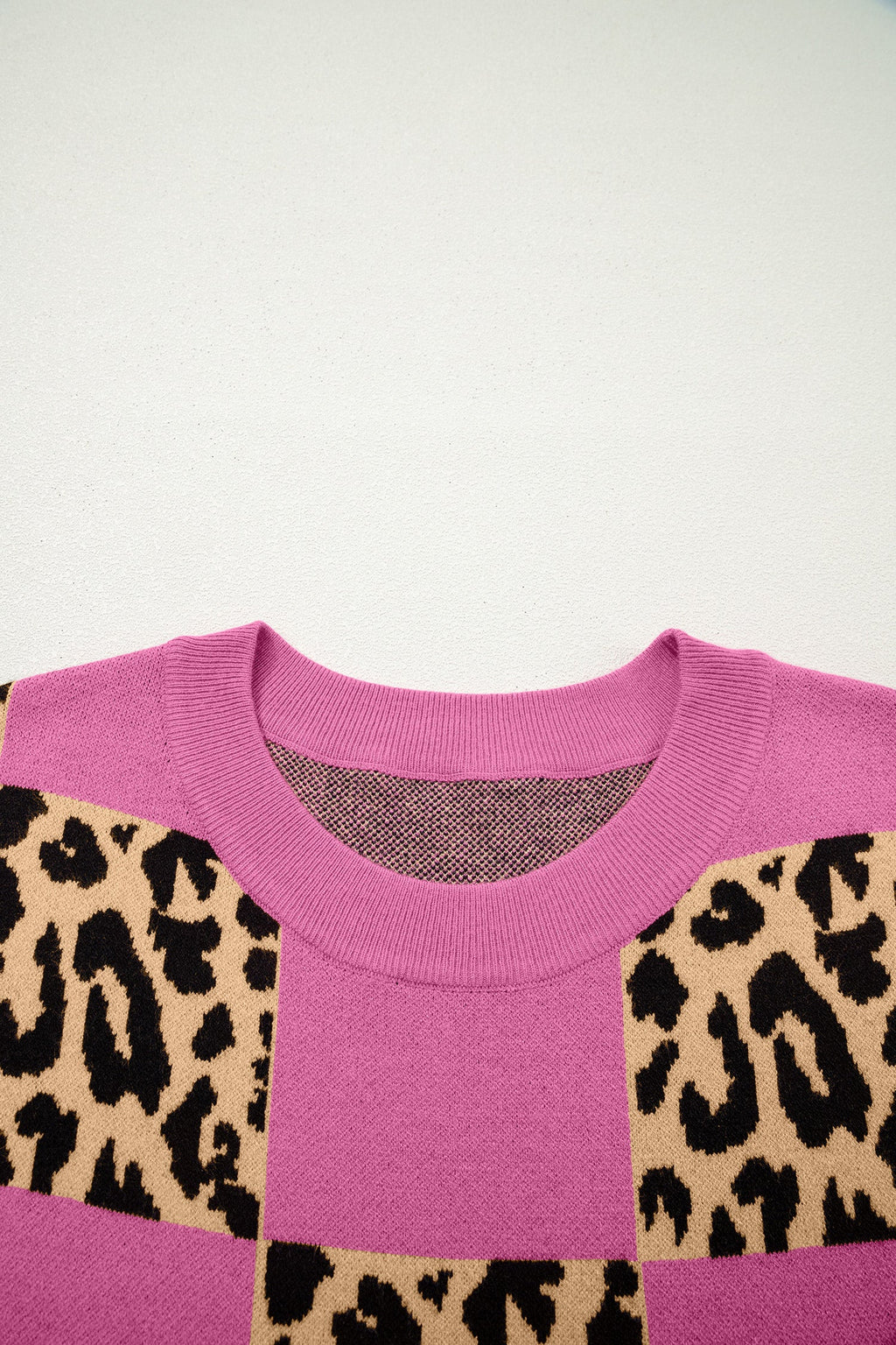 Leopard Checker Short Sleeve Knit Sweater