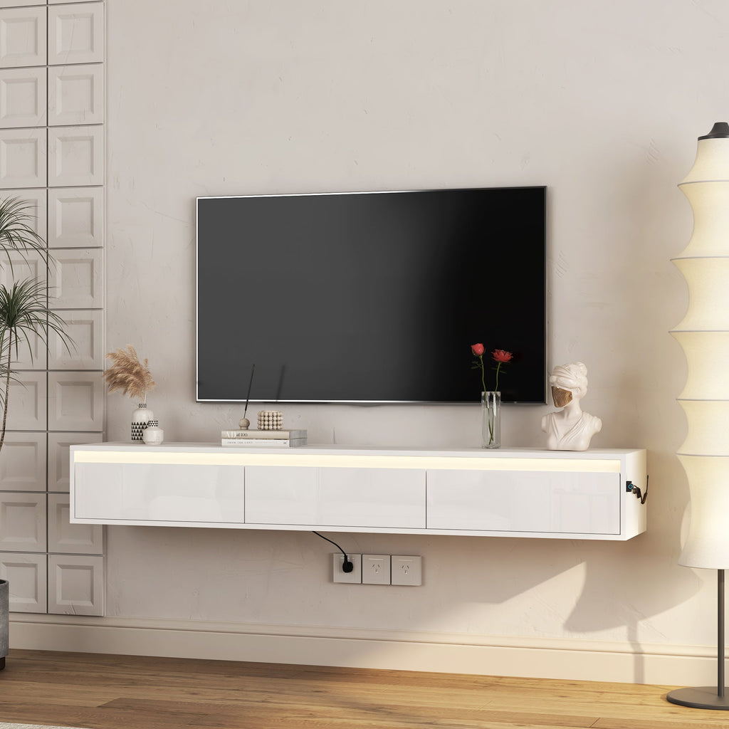 Floating TV Stand, Wall Mounted TV Shelf with Led Lights & Power Outlet,High Gloss TV Cabinet for tv Stands for Living Room