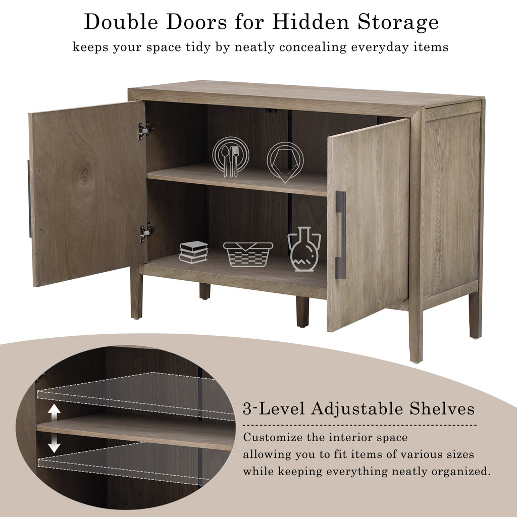 U_STYLE 47.2-Inch Farmhouse Sideboard with Ash Veneer and 2 Doors, Retro Buffet with 3-Tier Shelves and Adjustable Feet, Minimalist Wooden Storage Cabinet with Iron Handles for Living Room, Kitchen