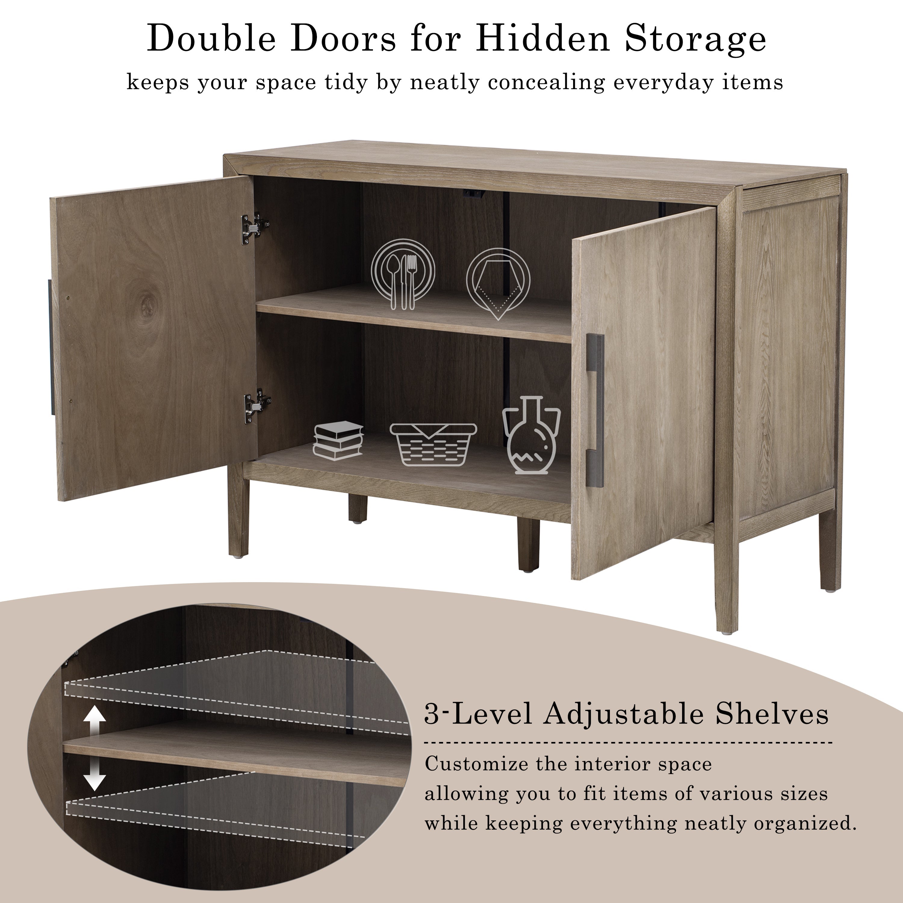 U_STYLE 47.2-Inch Farmhouse Sideboard with Ash Veneer and 2 Doors, Retro Buffet with 3-Tier Shelves and Adjustable Feet, Minimalist Wooden Storage Cabinet with Iron Handles for Living Room, Kitchen