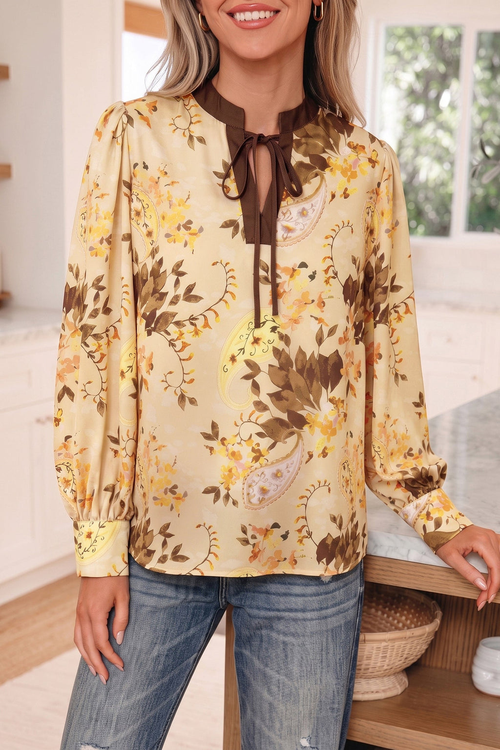 Paisley Tie Neck Long Sleeve Blouse