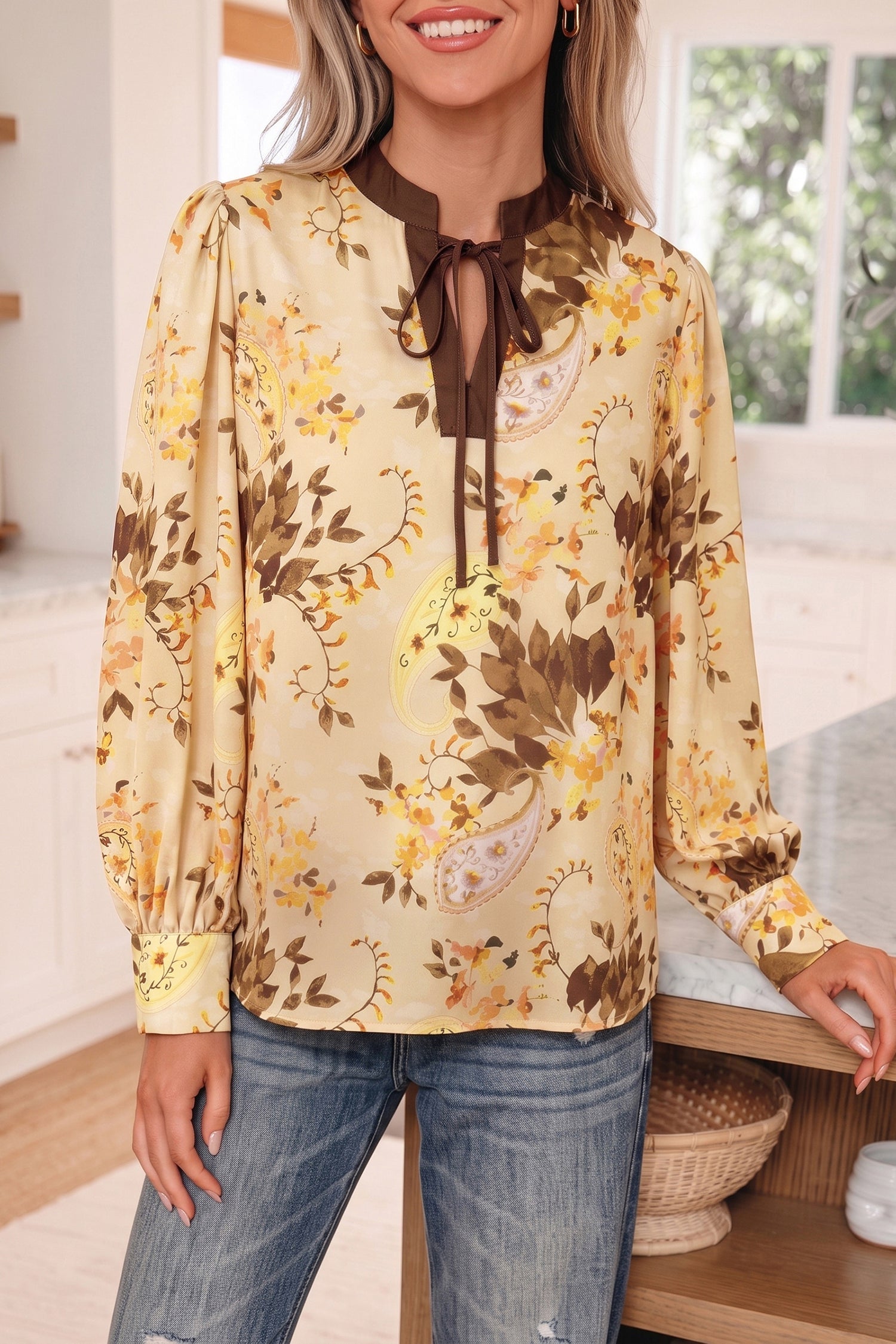 Paisley Tie Neck Long Sleeve Blouse
