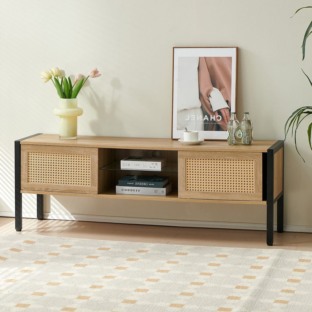 Natural Rattan TV Cabinet with Color Light Strip, Double Sliding Doors, Adjustable Shelf, Metal Legs, 54.33 Inches