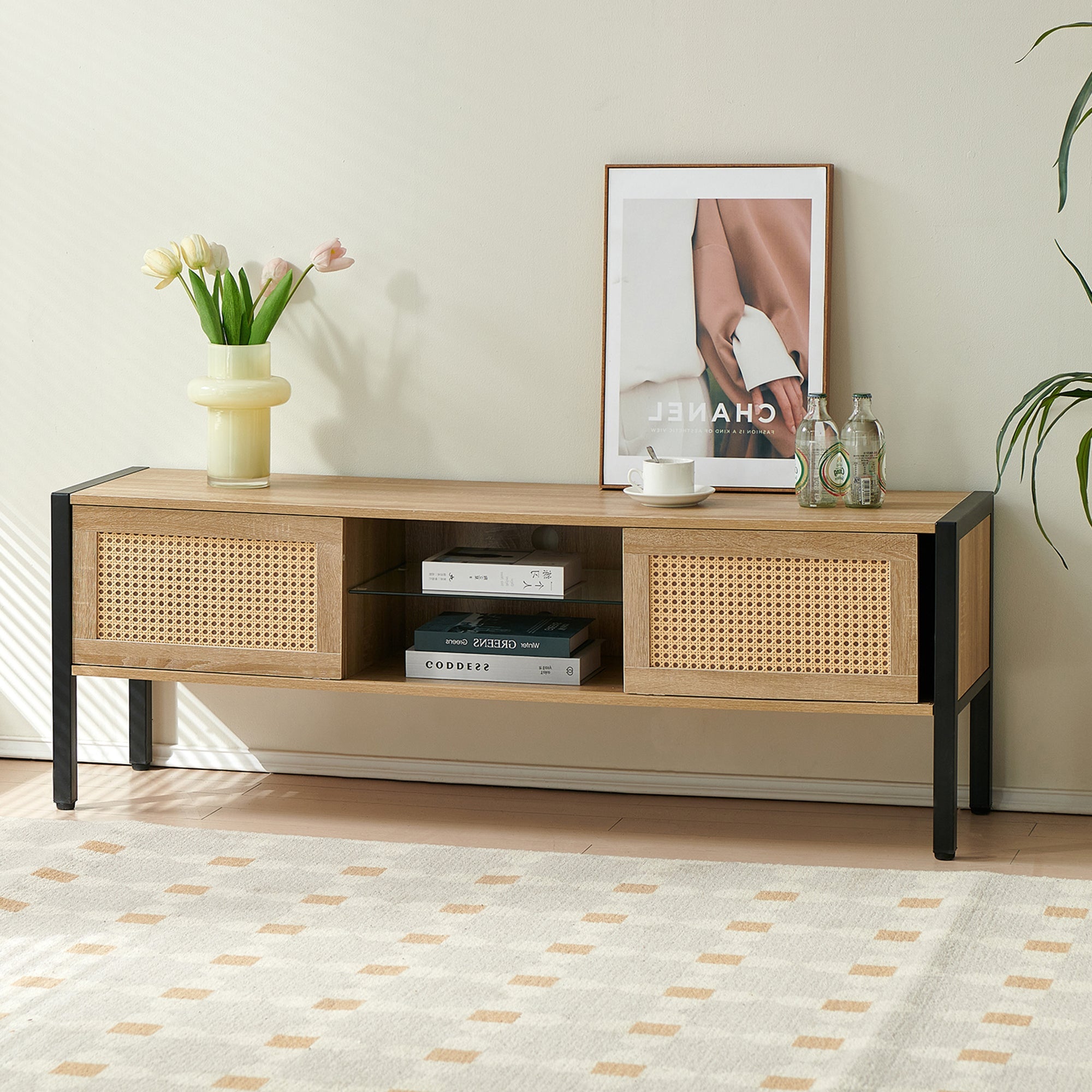 Natural Rattan TV Cabinet with Color Light Strip, Double Sliding Doors, Adjustable Shelf, Metal Legs, 54.33 Inches