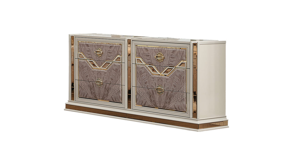 Omari Modern Style 5 Pc Queen Upholstered Bedroom Set Made with Wood and Gold Accents in Beige (NJ Inventory)