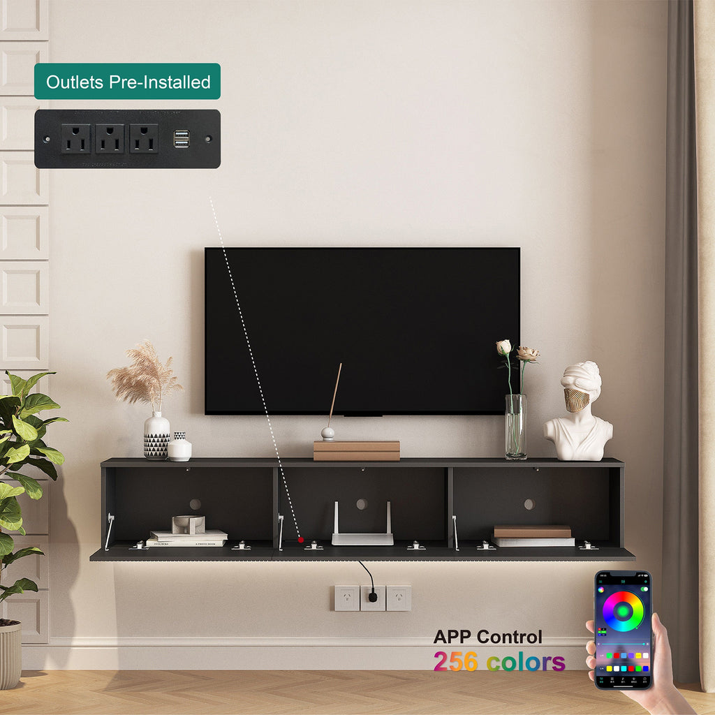 Floating TV Stand Wall Mounted with 16 Color LEDs,69' Modern TV Stand, Floating TV Cabinet Entertainment Center for 55 60 65 Inch TV,Black