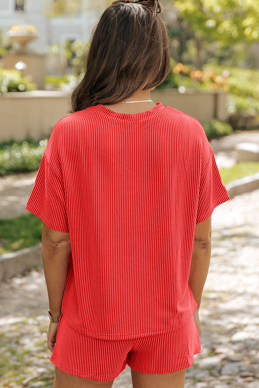 Solid Corded Short Sleeve Tee and Shorts Set