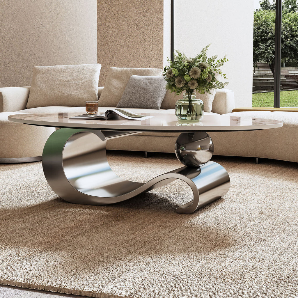 49.2' Faux Marble Oval Coffee Table, Contemporary Gray Stainless Steel Base, Modern Center Table for Living Room