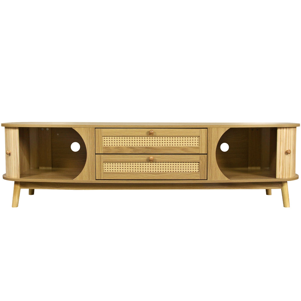 Rattan TV Stand for TVs up to 75'', Modern Farmhouse Media Console, Entertainment Center with Solid Wood Legs, TV Cabinet for Living Room,Home Theatre