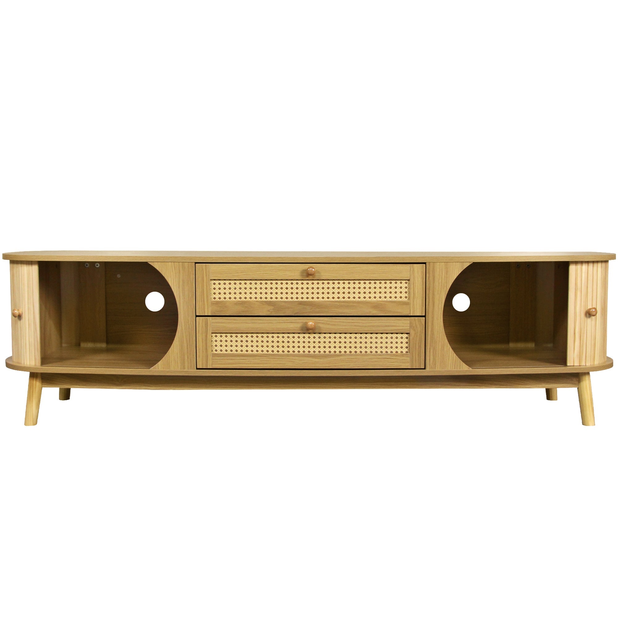 Rattan TV Stand for TVs up to 75'', Modern Farmhouse Media Console, Entertainment Center with Solid Wood Legs, TV Cabinet for Living Room,Home Theatre