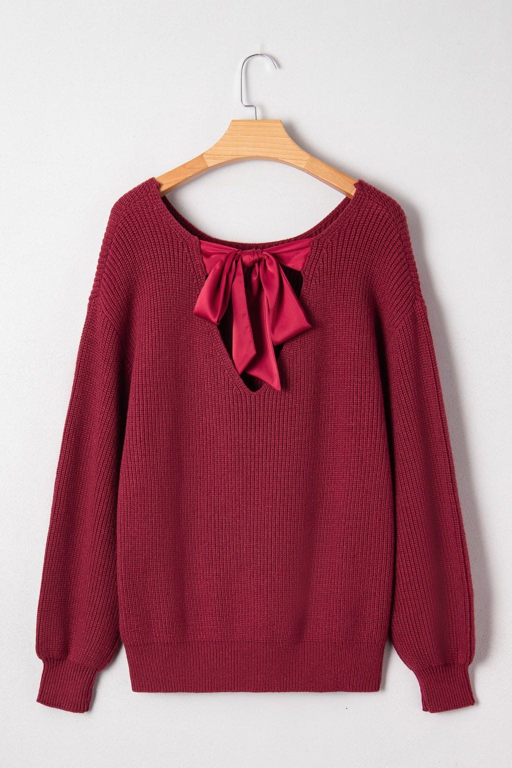 Ribbon Knot Backless Drop Shoulder Ribbed Sweater