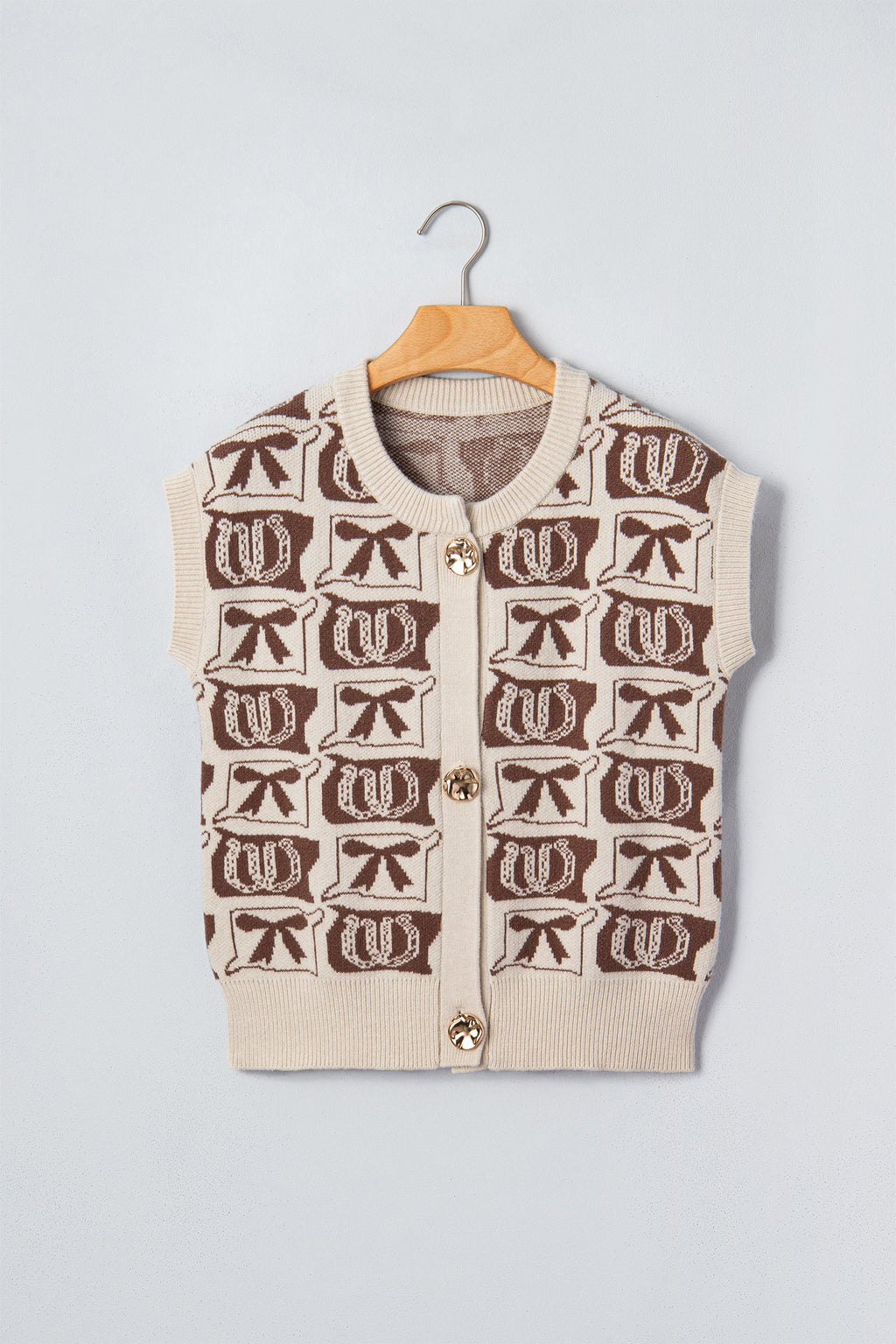 Western Horseshoe Bow Pattern Button Front Sleeveless Knit Top