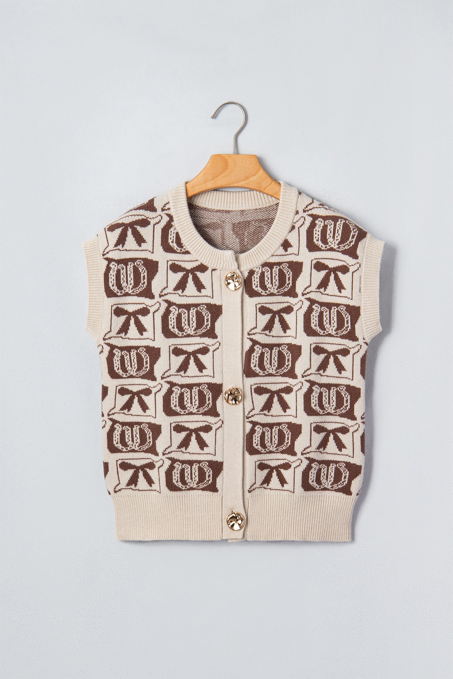 Western Horseshoe Bow Pattern Button Front Sleeveless Knit Top