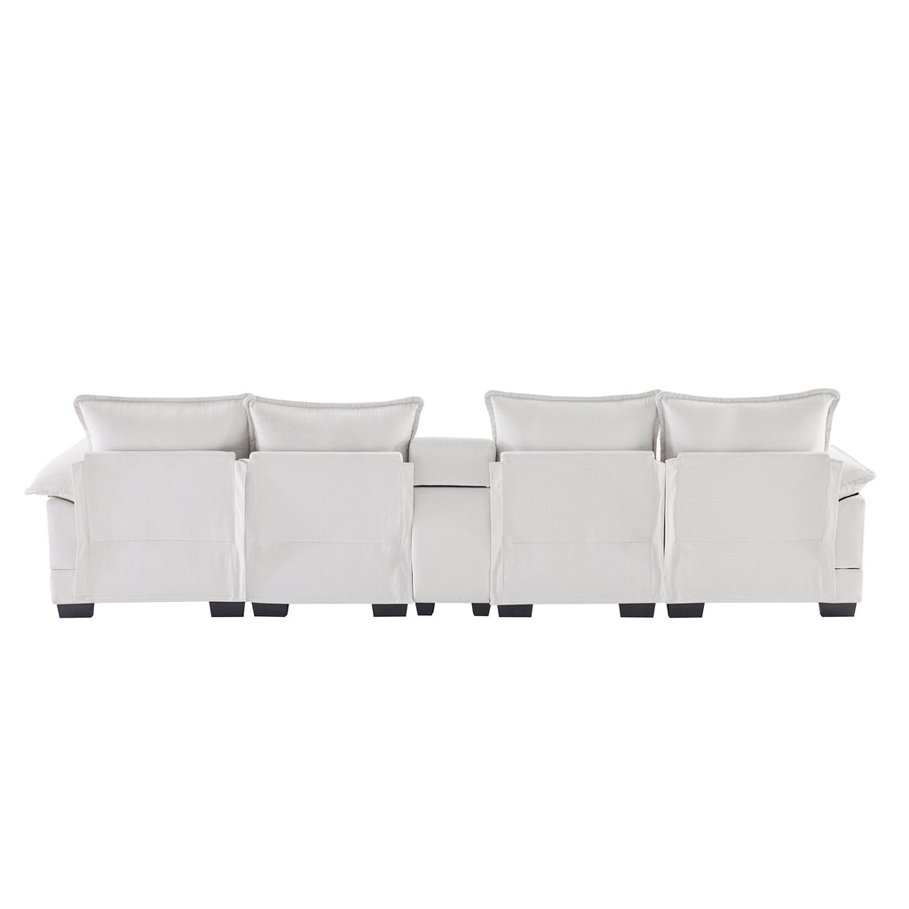 Modern U-shaped Sofa with Console, Cupholders & USB Ports, 6-seat Upholstered Furniture, Chenille, 123*55 inches, White