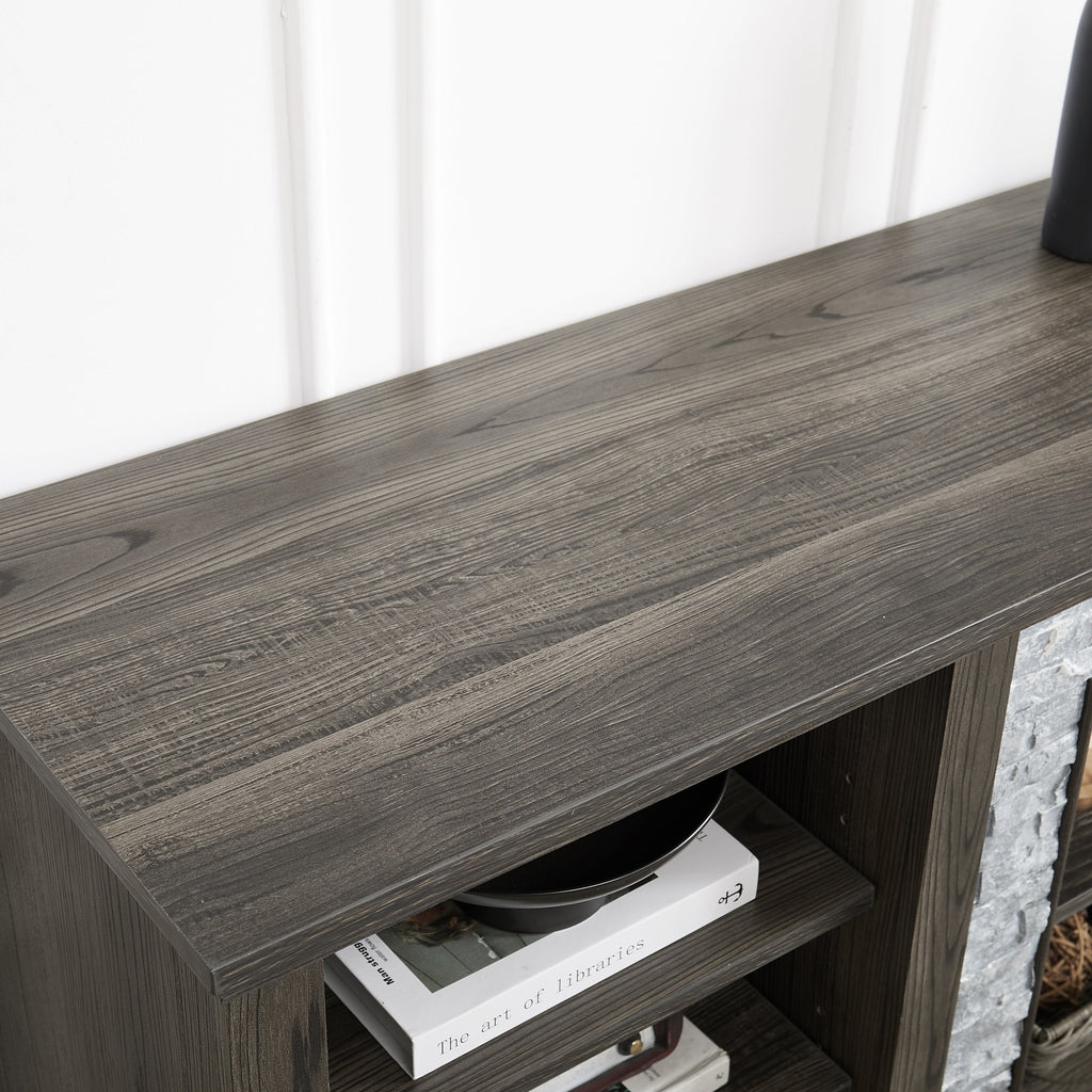 Large TV Stand TV Desk Storage Rack with Faux Stacked Stone Surround,Media Console Table with Large Storage Cabinet,Modern TV Media Entertaionment Stand,GREY, 70.12'W*15.35'D*25.83'H