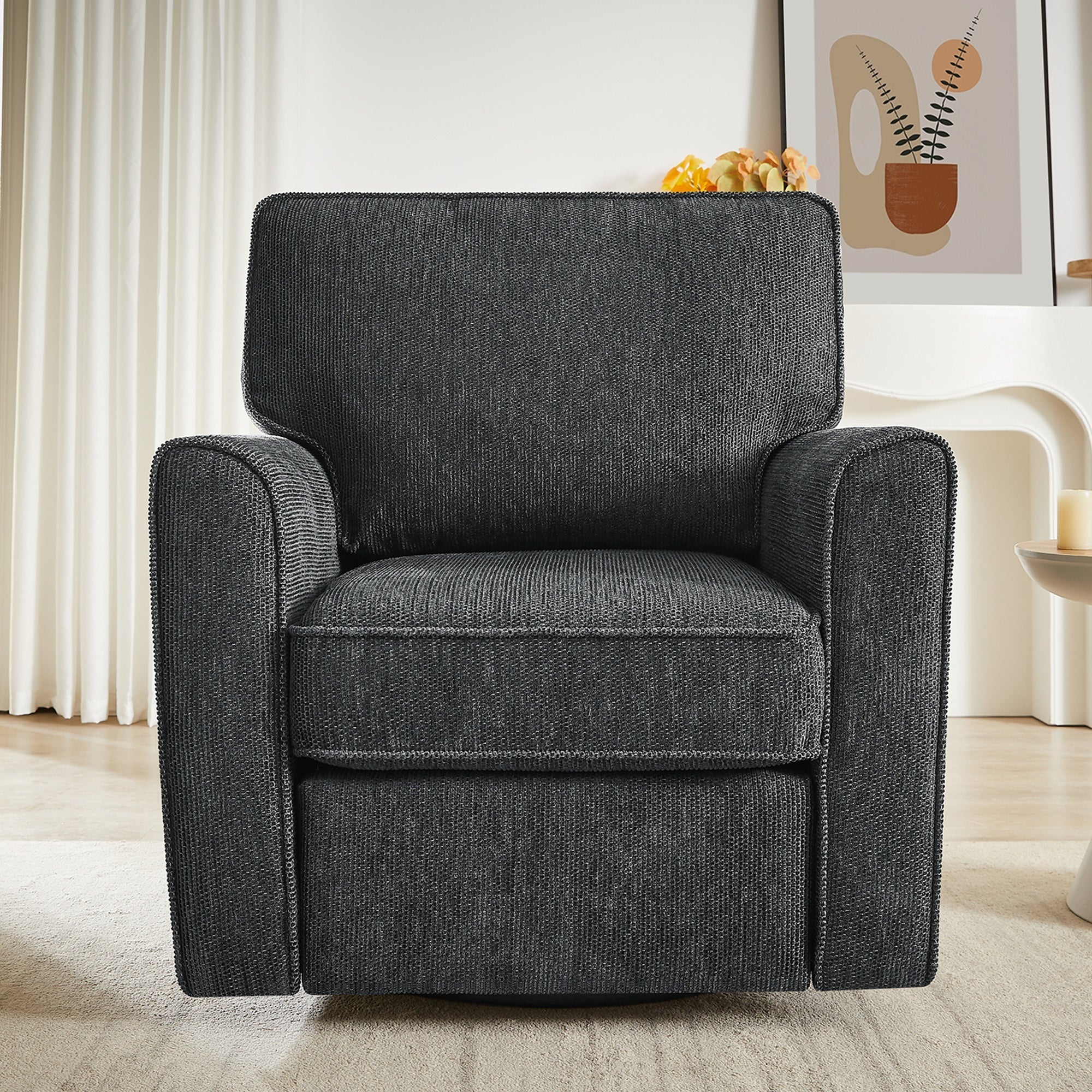 360° Swivel Chair Accent Barrel Armchair with Side Pockets, Grey Chenille, Compact Design for Living Room, Bedroom, Office