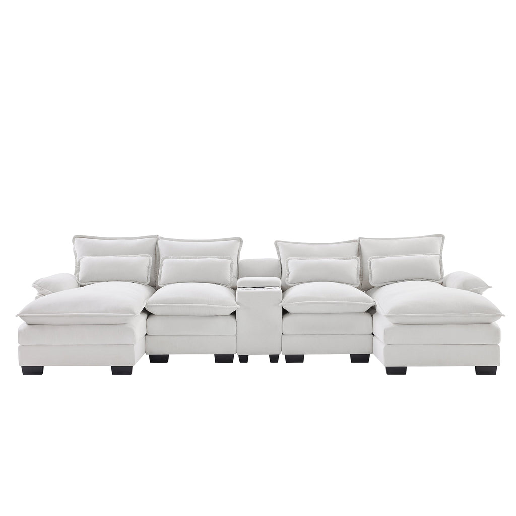 Modern U-shaped Sofa with Console, Cupholders & USB Ports, 6-seat Upholstered Furniture, Chenille, 123*55 inches, White