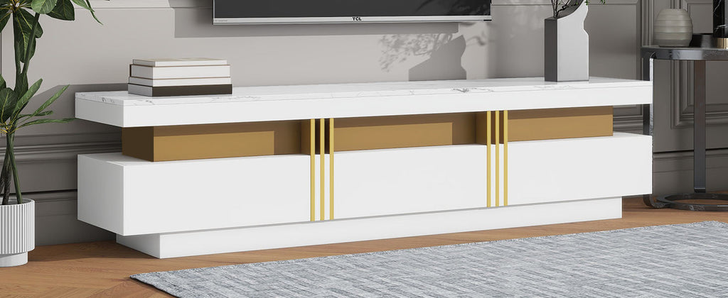 ON-TREND Luxury TV Stand with High Gloss Faux Marble Top for TVs Up to 78'', Rectangle Media Console with Golden Panel Design, Practical Entertainment Center with 3 Drawers for Living Room, White