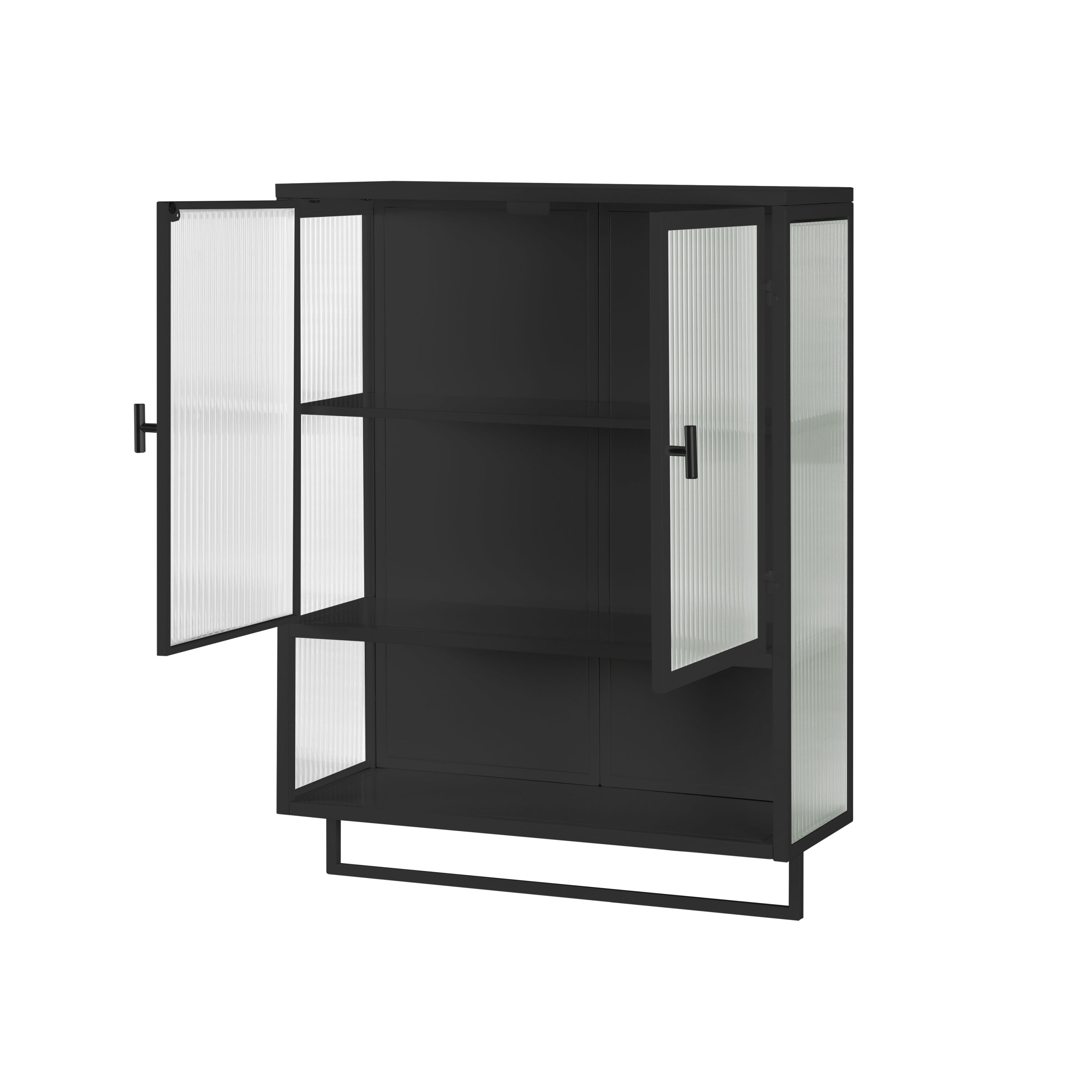 23.62'Glass Doors Modern Two-door Wall Cabinet with Featuring Two-tier Enclosed Storage, an Open Shelf, and Towel Rack, for Entryway Living Room Bathroom Dining Room,Black