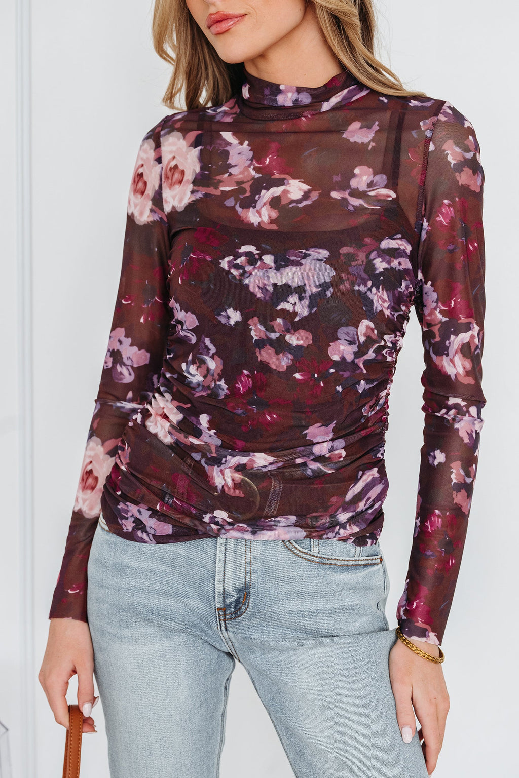 Floral Mesh Turtleneck Long Sleeve Ruched Top