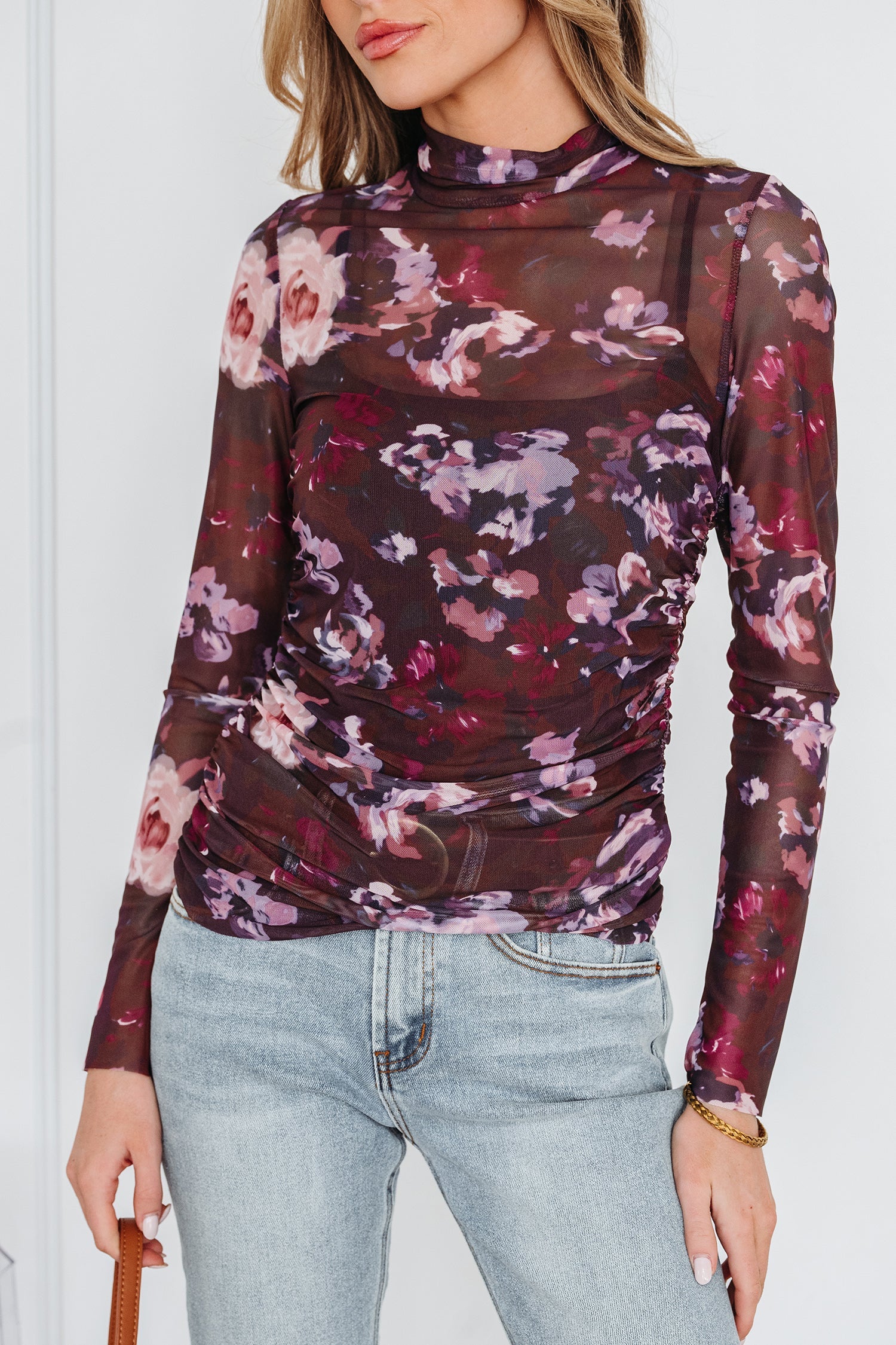 Floral Mesh Turtleneck Long Sleeve Ruched Top