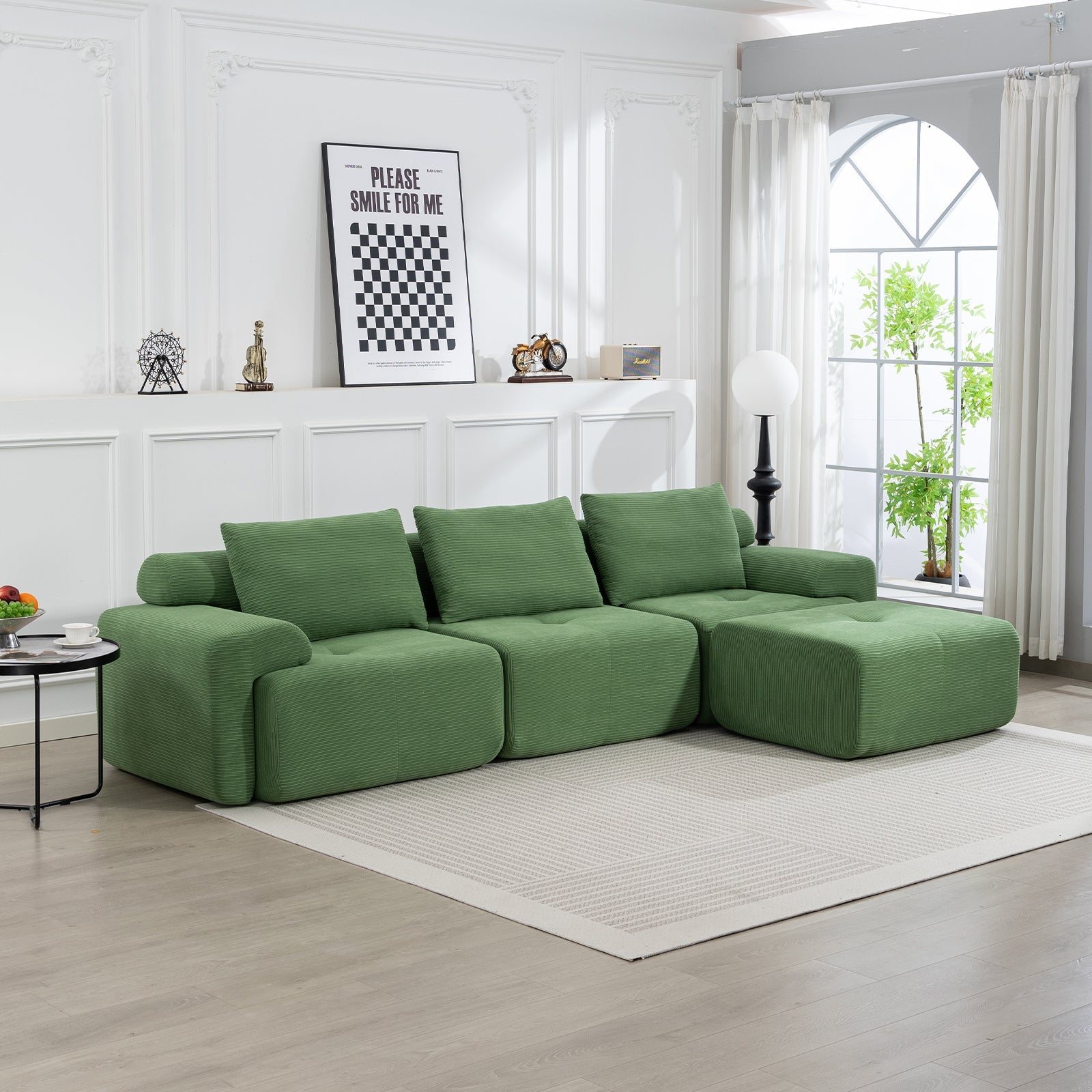L-Shaped Sectional Couches for Living Room with Memory Foam & Steel Frame - No Assembly Convertible Sofa Bed, Corduroy Fabric Compression Sofa, Modular Couch for Apartments,Bedrooms,Home Theate,Green