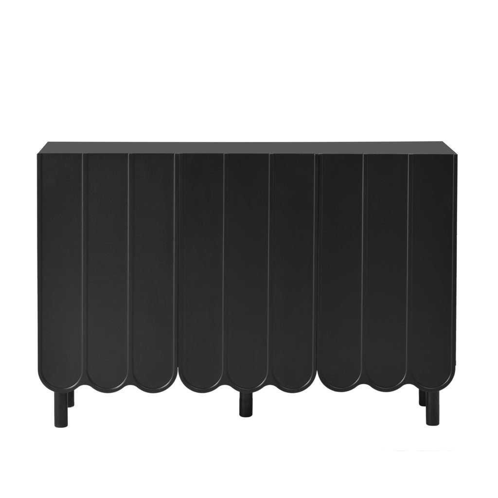 ON-TREND Cream Style Minimalist Shoe Cabinet with 5 Solid Wood Legs, Sideboard Buffet Cabinet with Adjustable Shelves, Large Storage Cabinet with Wave Doors for Living Room, Black