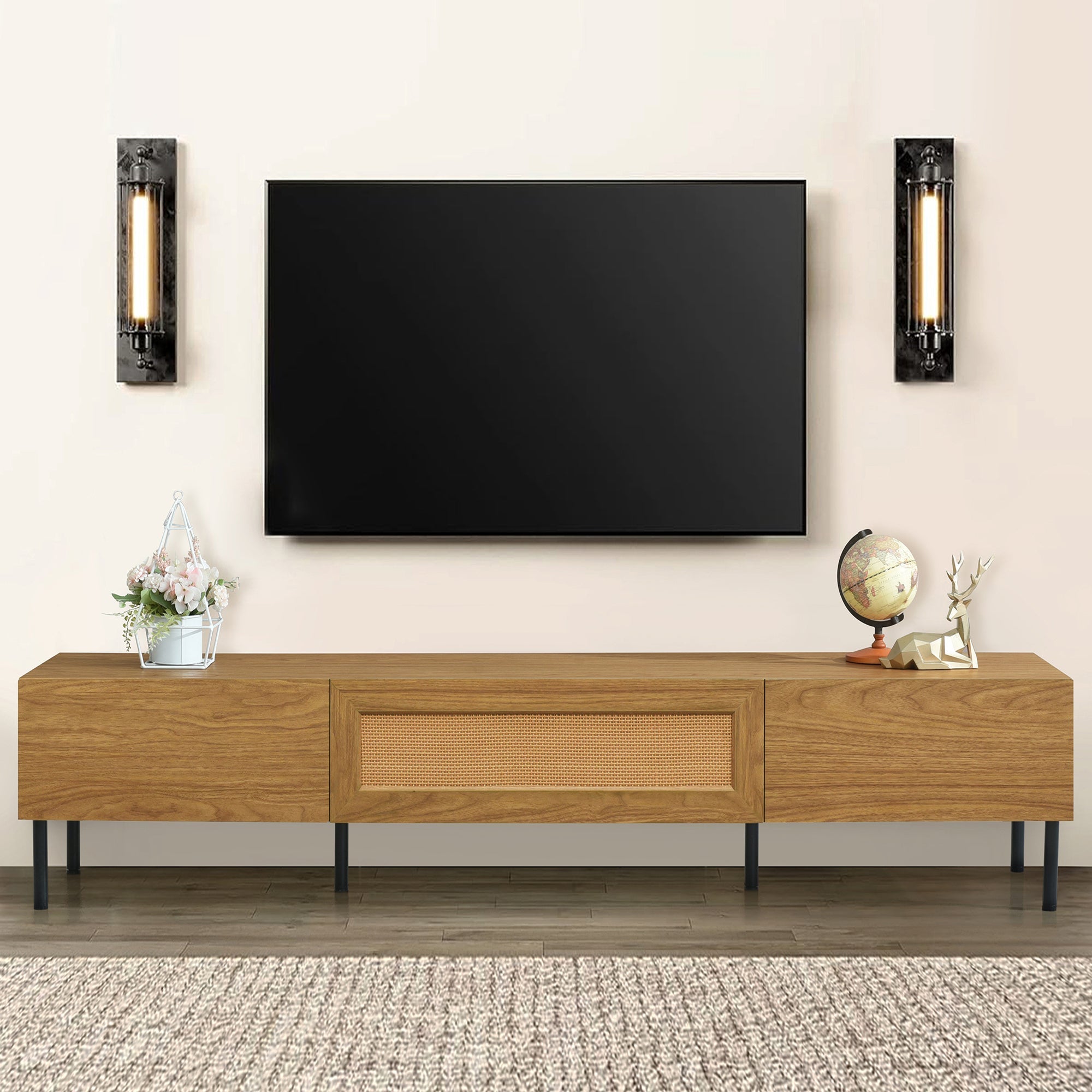 Boho TV Stand for TVs up to 80'' , Modern Farmhouse Media Console, Entertainment Center with Metal Legs, TV Cabinet for Living Room, Home Theatre