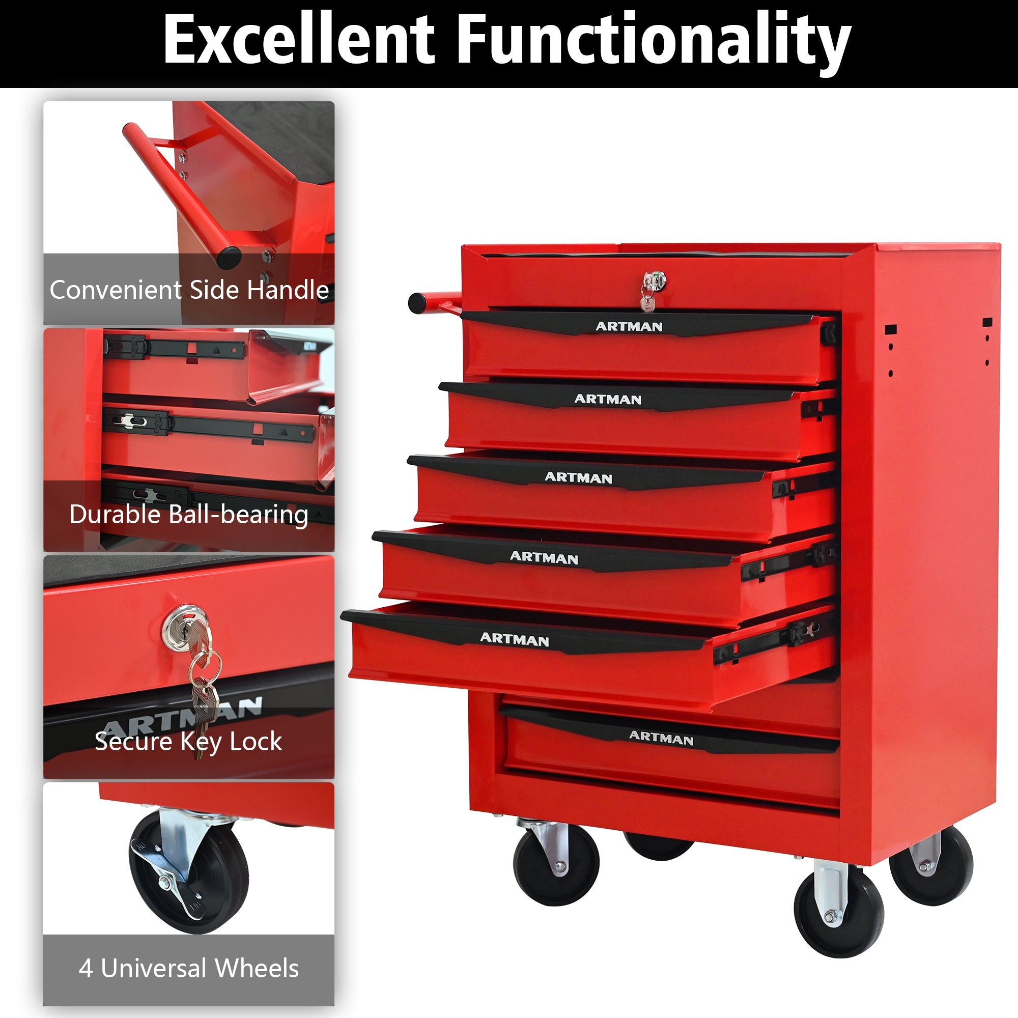 Rolling Metal Tool Chest with 7 Drawers, 20' Steel Storage Cabinet with Ball Bearing Slides, Red and Black Finish