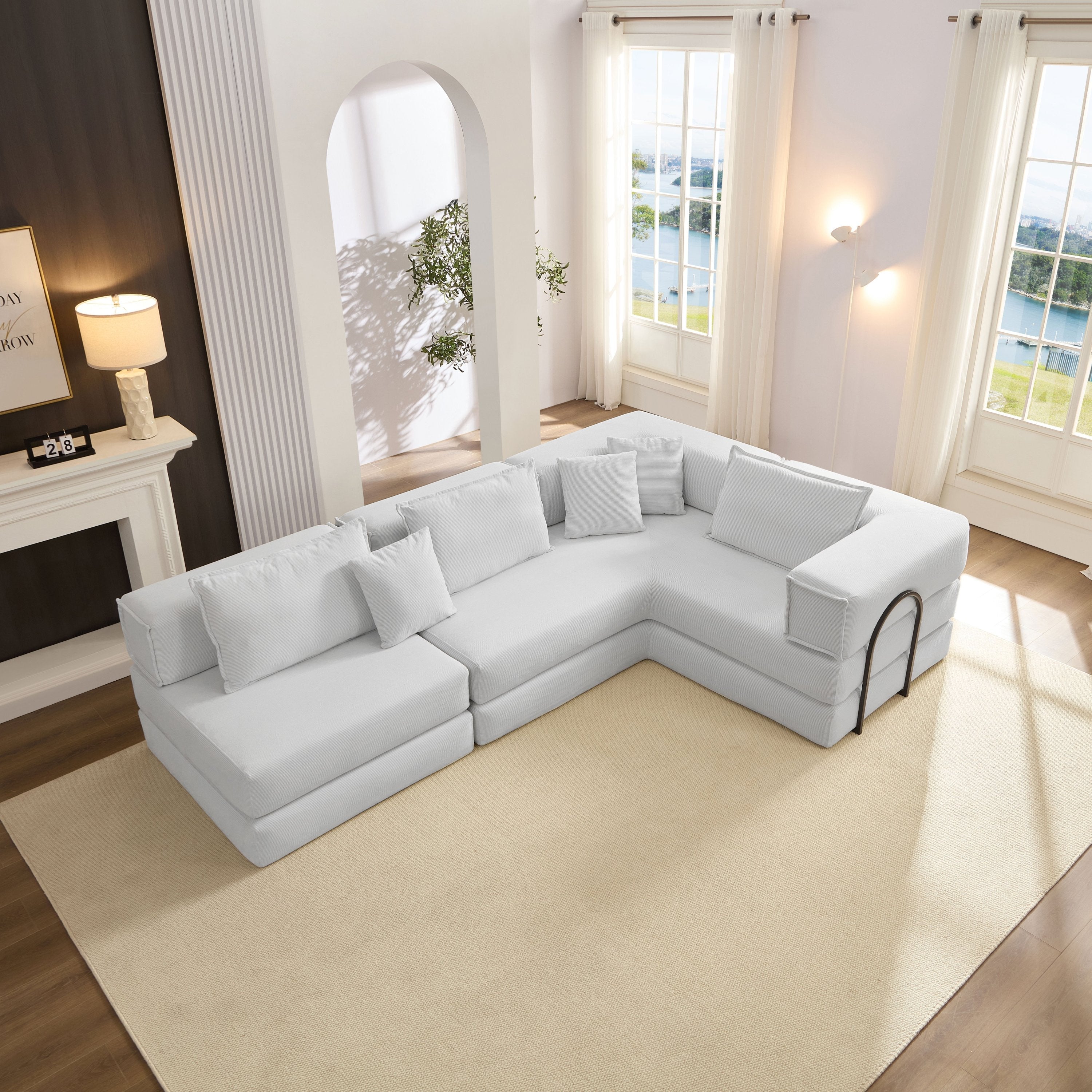 Oversized Upholstered Sectional Sofa Couch Set, Modular 118.2 ' L Shaped Floor Living Room Sofa Set With 6 Pillows, DIY Combination Sofa Couch for living rooms, apartments,bedrooms, White