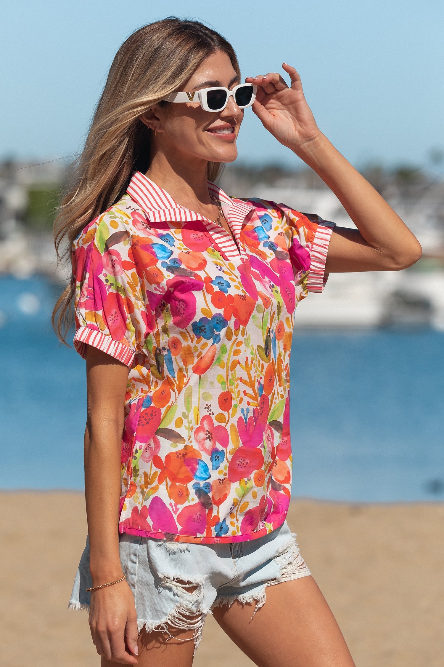 Floral Stripe Trim Collared V-Neck Blouse