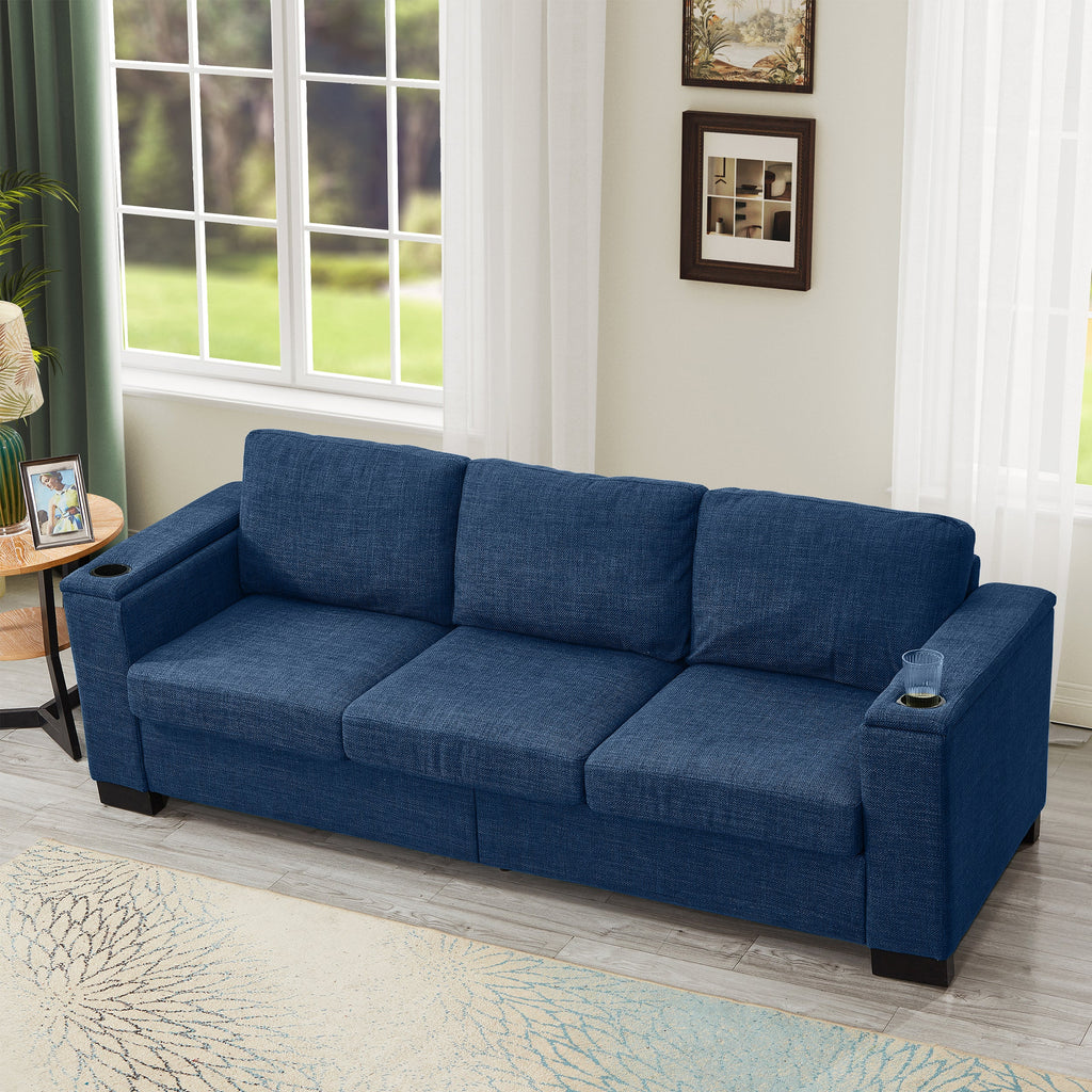 93.7' Modern Style Living Room Sofa Fabric Couch,Square Arm Sofa with Cup Holder,Storage Sofa,Upholstered Polyester Blue.