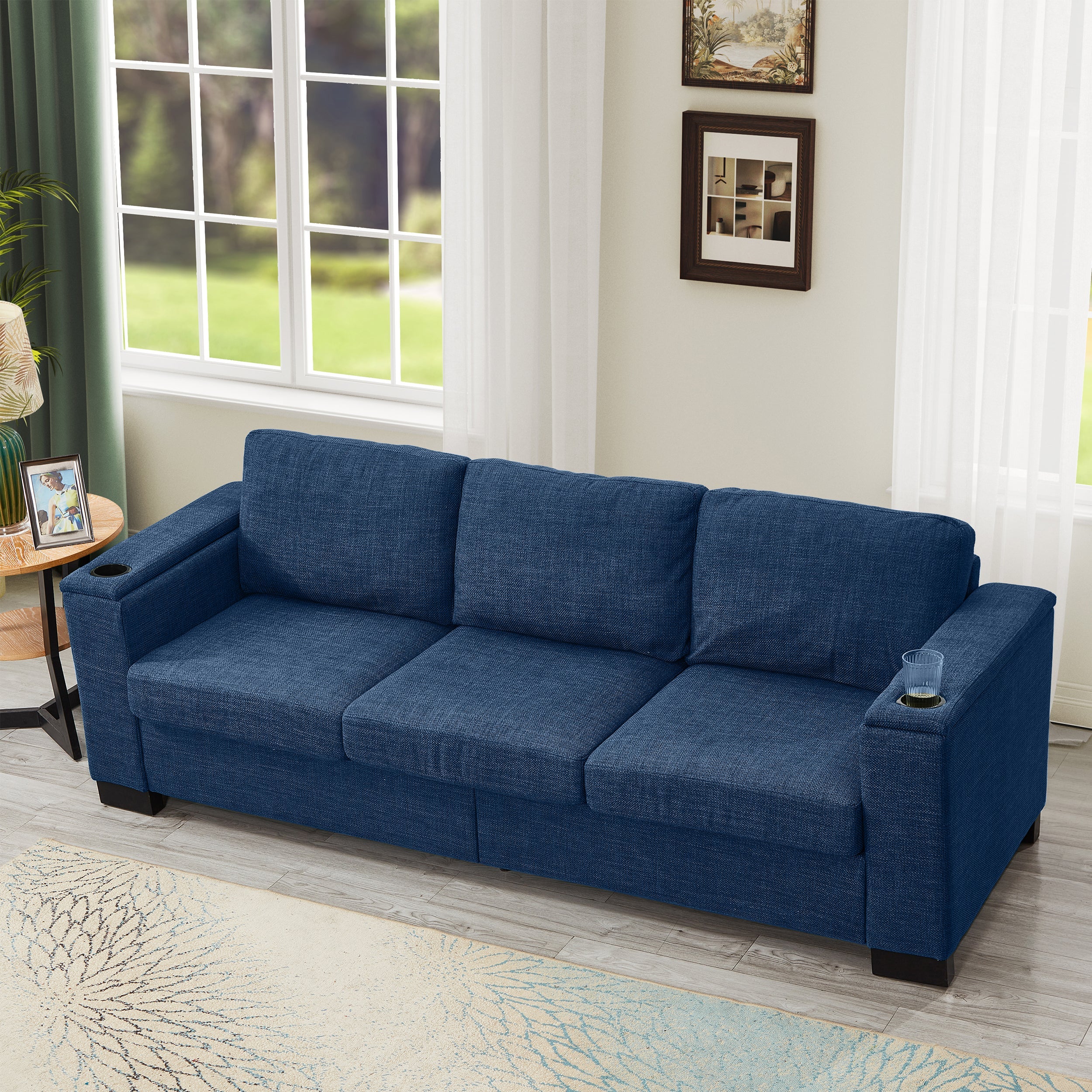 93.7' Modern Style Living Room Sofa Fabric Couch,Square Arm Sofa with Cup Holder,Storage Sofa,Upholstered Polyester Blue.