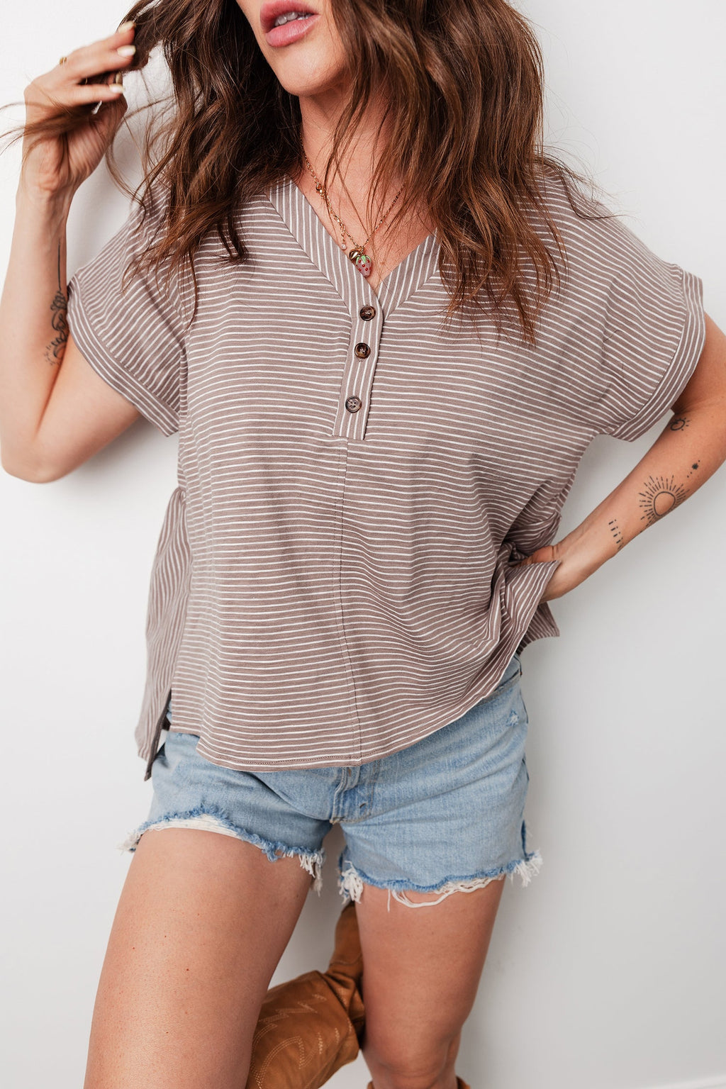 Stripe Buttoned V-Neck T-Shirt