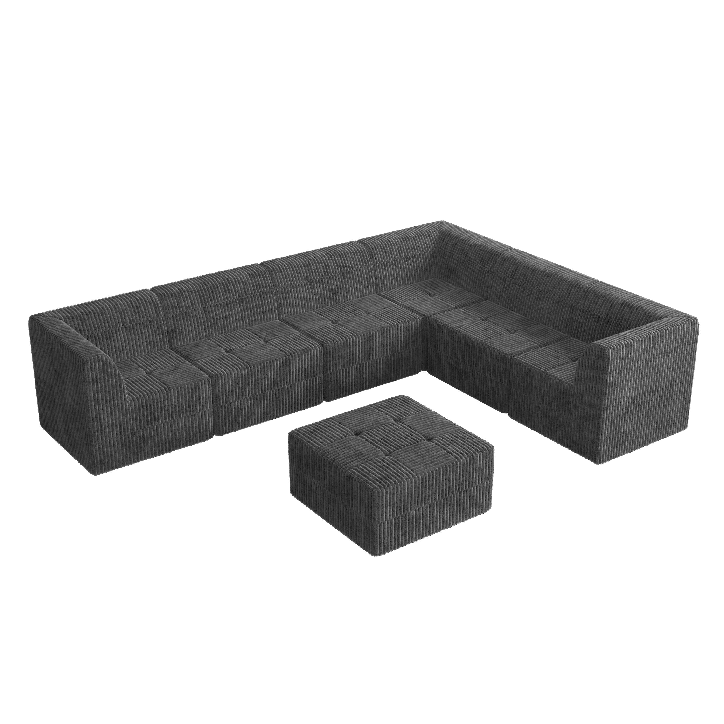 L shape Modular Sectional Sofa,DIY Compressed Sectional Sofa Modern Minimalist Style Corduroy Couch, Sleeper Sofa for Living Room, Bedroom, Comfy Compressed Sofa Couch Space-Efficient Design-GREY