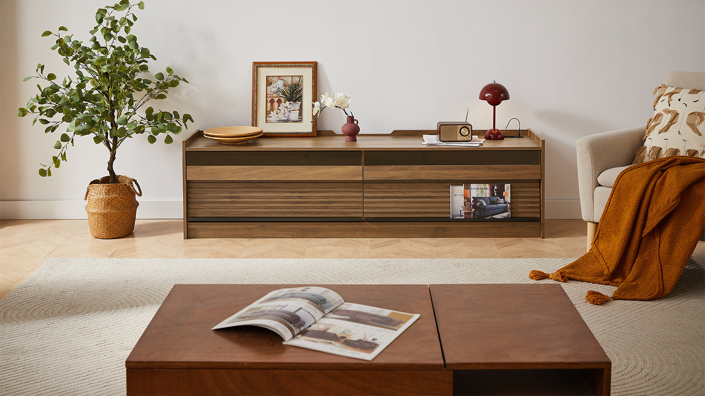 Mirod Modern TV Stand with Ample Storage,4 Drawer Design with Tempered Glass ,Built-in Charging Ports and Ambient LED Lighting ,Versatile for Any Decor Style