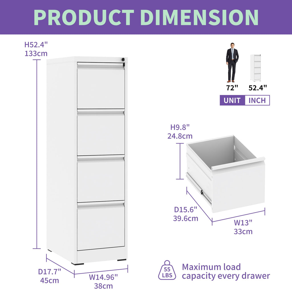 SteelCraft Pro 4 Drawer Vertical File Cabinet with Lock for A4 Legal/Letter Size, White Metal