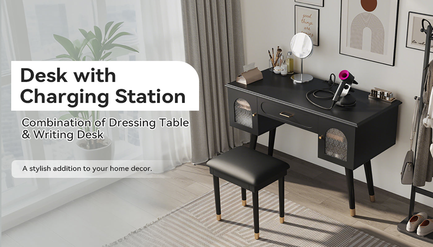 Elegant Vanity Makeup Table & Chair Set, Modern Dressing Table with Organizer, Writing Desk, Charging Port, Black