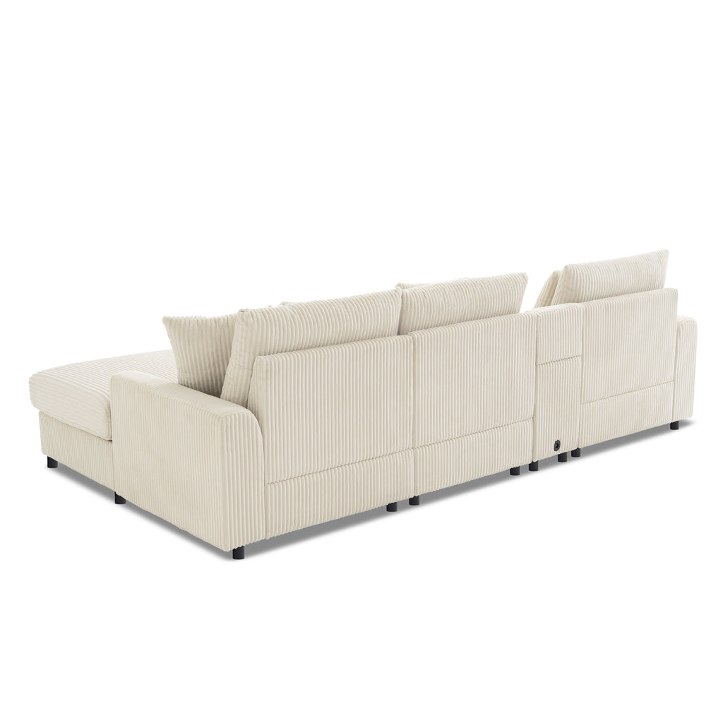 Modular Corduroy Sectional Sofa with Bluetooth Speakers, USB Charger, Cup Holders, Storage, Ottoman, 114*64'' Cream