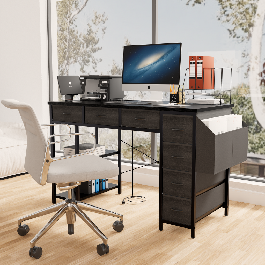 47.3' Computer Desk with 7 Drawers, Extra Large Side Pocket, and Power Outlets – Ideal for Home Office, Study, or Gaming –  Black