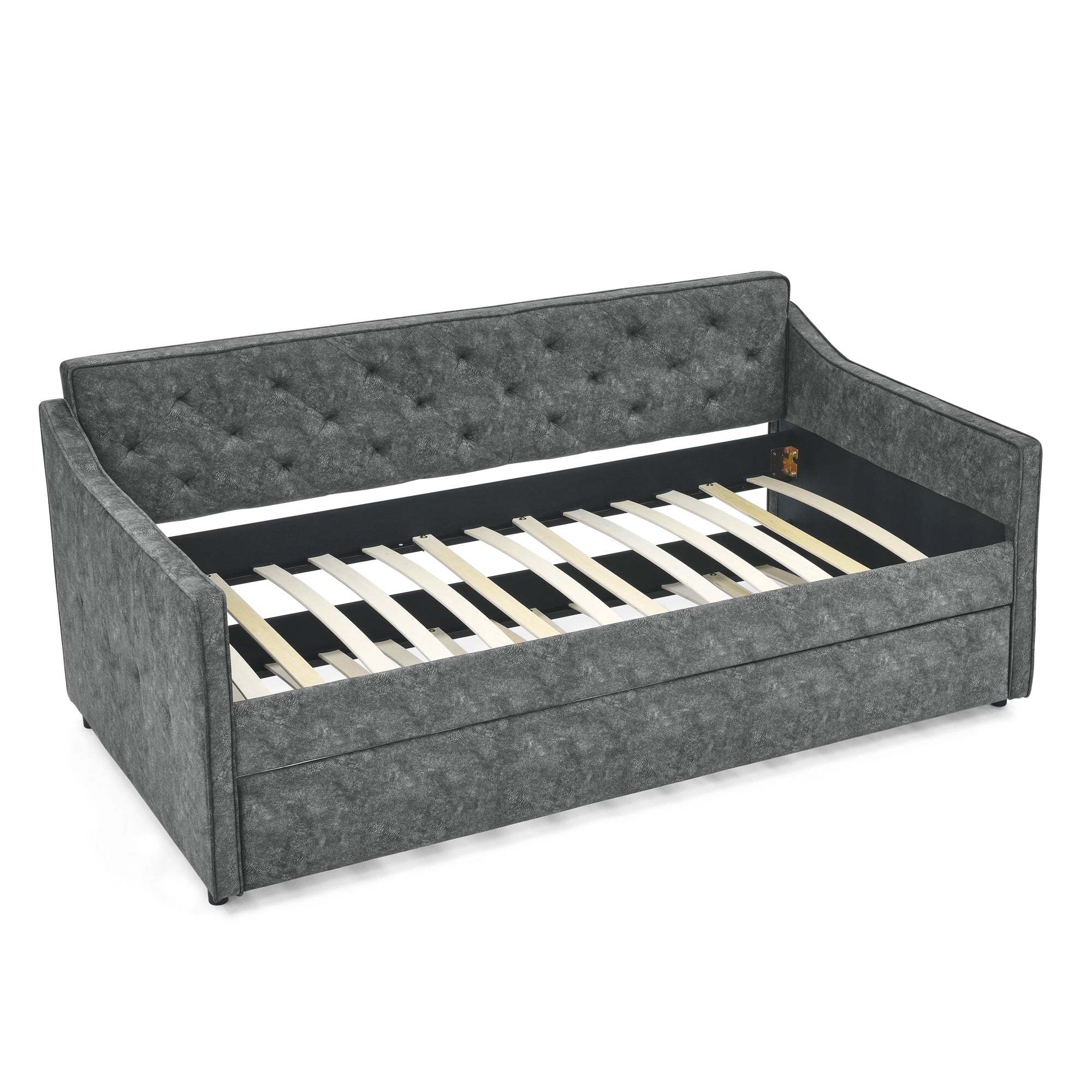 Twin Size Daybed with Twin Size Trundle Upholstered Tufted Sofa Bed,  Waved Shape Arms, Grey (80.5'x44.5'x33.5')