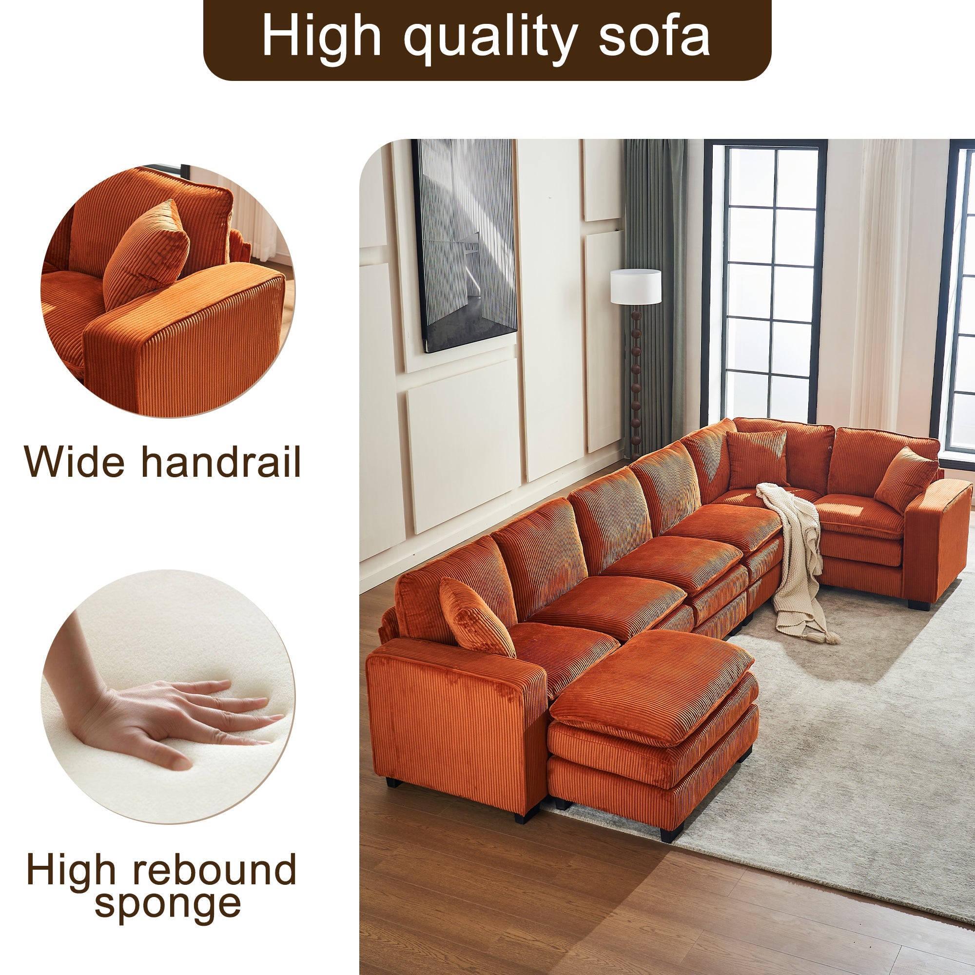 Modern U Shaped 6-seat Sectional Sofa Couch with one Ottoman and three toss pillows ,Modular Sofa for Living Room,Corduroy sofa