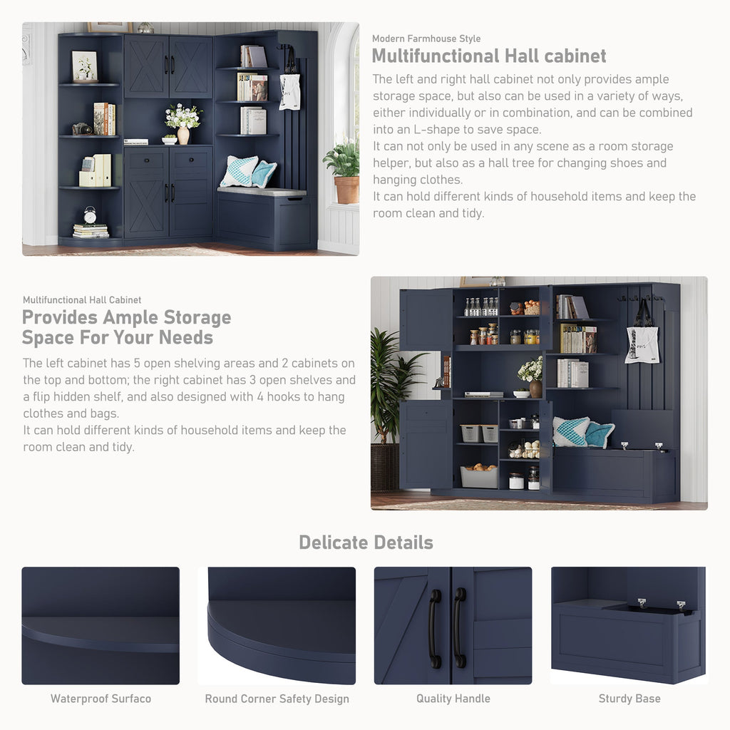 Multifunctional left-right combination hall cabinet (can be used separately) with storage and 4 hooks, storage cabinet/ hall tree 2 in 1 for living room, kitchen and hallway, antique blue