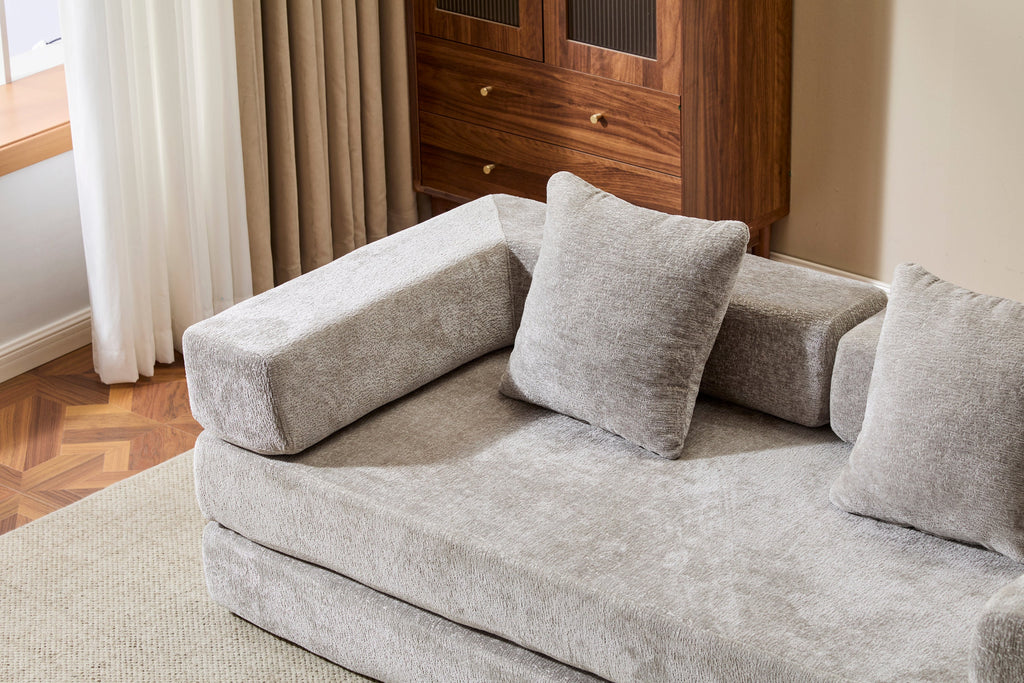 Floor Couch,Compression Sofa,Convertible Floor Sofa Bed-with Pillow Back Support Armrest,Comfy Futon Couch Lounge Sleeper Bed,Chenille fabric,for Living Room Bedroom (LIGHT-GREY)
